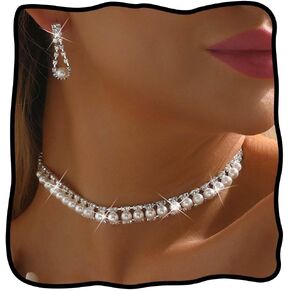 Nicute Pearl Rhinestone Necklace Set Silver Crystal Bridal Necklace Earrings Sparkly Wedding Choker Jewelry for Women