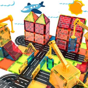 Bestdin Magnetic Tiles for Kids Ages 4-8, 88PCS Magnet Tiles with Road + Crane Car Toy, Magnetic Building Blocks Construction Set, STEM Magnetic Toys Kids Toys Gifts for Boys Girls 3+ Years Old