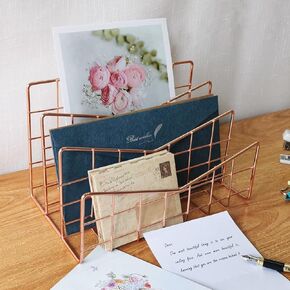 Hamphinee Desk Mail Organizer, Office Letter Sorter Desktop File Organizer Metal Mesh with 3 Vertical Upright Compartments, 8.9"x5.2“x5.5", Rose Gold