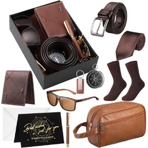 Geyoga 12 Pcs Men Birthdays Gift Set with Box for Men Gift Basket PU Leather Wallet Leather Toiletry Bag Tie Socks Belt Keychain Sunglasses Pen Compass Gift Set for Christmas
