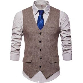 RONGKIM Men's Herringbone Tweed Suit Vest Business Casual Wool Blend Waistcoat Formal Dress Vest for Wedding Party