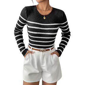 Women's Fall Long Sleeve Striped Pullover Sweaters 2024 Slim Fitted Ribbed Knit Pullover Tops