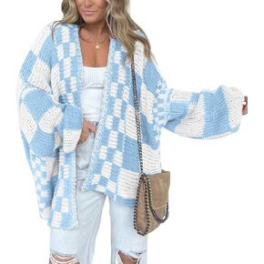 BTFBM Casual Womens Open Front Long Sleeve Chunky Knit Cardigan Sweater Checkered Knit Cardigan Sweaters Coat
