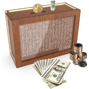 Money Saving Box 10,000, Savings Box, Money Boxes with Counters for Adults and Children, Wooden Coin Bank, Cashbox, $10000 Savings Challenge Box, Reusable Cash Box with Dry Erase Marker.
