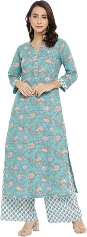 Tissu Women's Cotton Sea Green & Pink Floral Printed Kurta with Palazzo in Saudi Arabia