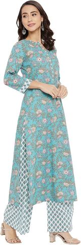 Tissu Women's Cotton Sea Green & Pink Floral Printed Kurta with Palazzo in Saudi Arabia