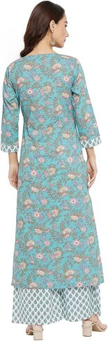 Tissu Women's Cotton Sea Green & Pink Floral Printed Kurta with Palazzo in Saudi Arabia