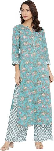 Tissu Women's Cotton Sea Green & Pink Floral Printed Kurta with Palazzo in Saudi Arabia