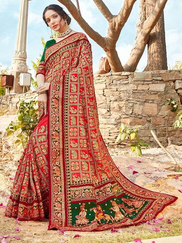 Sarees For Women Satin Silk Heavy Embroidered Saree ||Ethnic Traditional Indian Wedding Gift Sari with Unstitched Blouse in Saudi Arabia