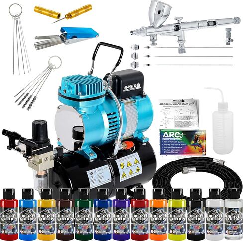 مجموعة نظام ضاغط خزان الهواء بمروحة مزدوجة من Master Airbrush Cool Runner II مع مجموعة بخاخة الجاذبية G233 الاحترافية مع 3 نصائح، مجموعة فنان طلاء أكريليك مكونة من 12 لونًا شريرًا، مجموعة تنظيف البخاخة in Saudi Arabia