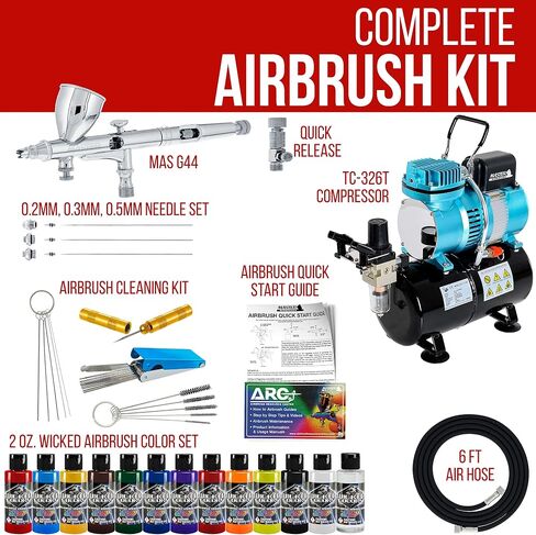 مجموعة نظام ضاغط خزان الهواء بمروحة مزدوجة من Master Airbrush Cool Runner II مع مجموعة بخاخة الجاذبية G233 الاحترافية مع 3 نصائح، مجموعة فنان طلاء أكريليك مكونة من 12 لونًا شريرًا، مجموعة تنظيف البخاخة in Saudi Arabia
