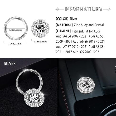 1797 Start Button Cover for Audi Accessories Bling Q5 A4 A5 A6 A7 S4 S5 S6 S7 S8 Car Engine Ring Sticker Decal Crystal Silver Pack of 2 in Kuwait