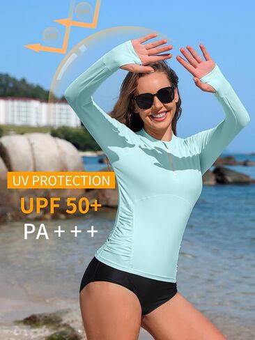 ATTRACO Women Rash Guard Long Sleeve Swimsuits UV UPF 50+ Zipper Swim Shirt Quick Dry Sun Shirts in Kuwait