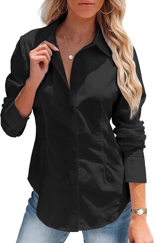HOTOUCH Women's Button Down Shirts Long Sleeve Dress Shirts Business Casual Collared Work Office Solid Blouses Tops in Saudi Arabia