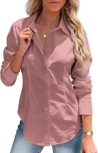 HOTOUCH Women's Button Down Shirts Long Sleeve Dress Shirts Business Casual Collared Work Office Solid Blouses Tops in Saudi Arabia