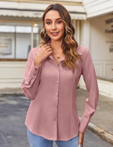 HOTOUCH Women's Button Down Shirts Long Sleeve Dress Shirts Business Casual Collared Work Office Solid Blouses Tops in Saudi Arabia