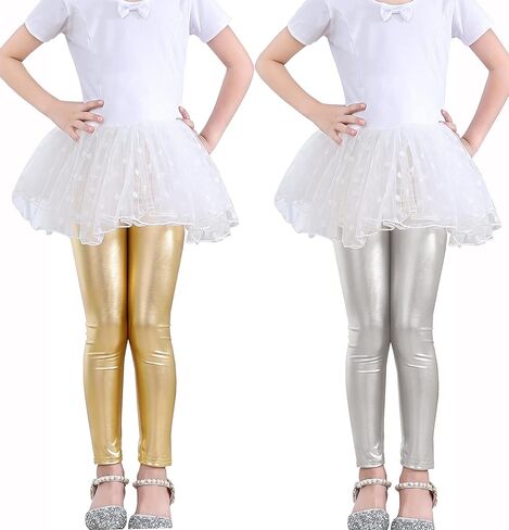 Kiench Girls' Metallic Leggings Ankle Length High Waisted Shiny Pants 2-Pack in Saudi Arabia