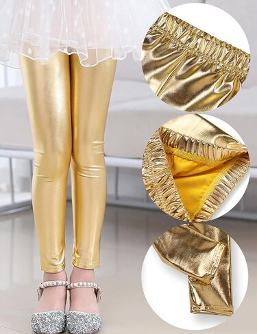 Kiench Girls' Metallic Leggings Ankle Length High Waisted Shiny Pants 2-Pack in Saudi Arabia