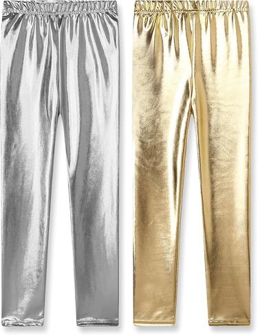 Kiench Girls' Metallic Leggings Ankle Length High Waisted Shiny Pants 2-Pack in Saudi Arabia