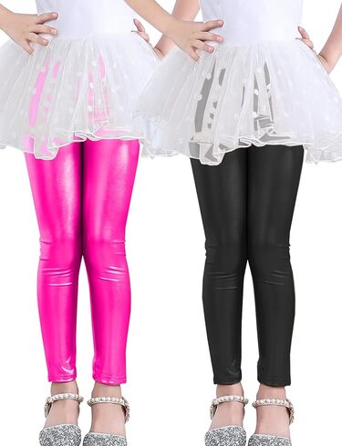 Kiench Girls' Metallic Leggings Ankle Length High Waisted Shiny Pants 2-Pack in Saudi Arabia