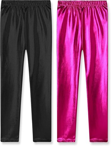 Kiench Girls' Metallic Leggings Ankle Length High Waisted Shiny Pants 2-Pack in Saudi Arabia
