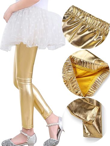 Kiench Girls' Metallic Leggings Ankle Length High Waisted Shiny Pants 2-Pack in Saudi Arabia