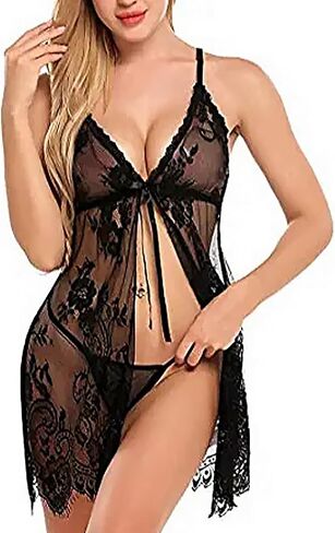 Women's Sexy Lace Lingerie Babydoll V Neck Chemise Spaghetti Strap Sleepwear Sheer Mesh Nightgown with Thong in Saudi Arabia