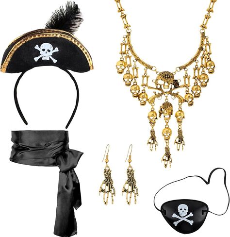 Pirate Costume Accessories for Men Women Halloween Pirate Costume with Eye Patch Necklace Earring Beard Hat Headband in Saudi Arabia