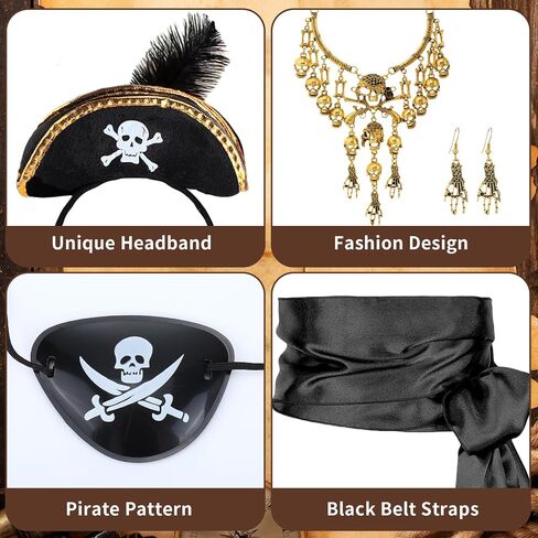 Pirate Costume Accessories for Men Women Halloween Pirate Costume with Eye Patch Necklace Earring Beard Hat Headband in Saudi Arabia