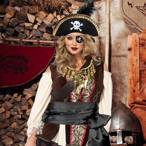 Pirate Costume Accessories for Men Women Halloween Pirate Costume with Eye Patch Necklace Earring Beard Hat Headband in Saudi Arabia