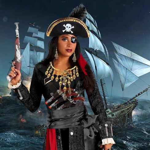Pirate Costume Accessories for Men Women Halloween Pirate Costume with Eye Patch Necklace Earring Beard Hat Headband in Saudi Arabia