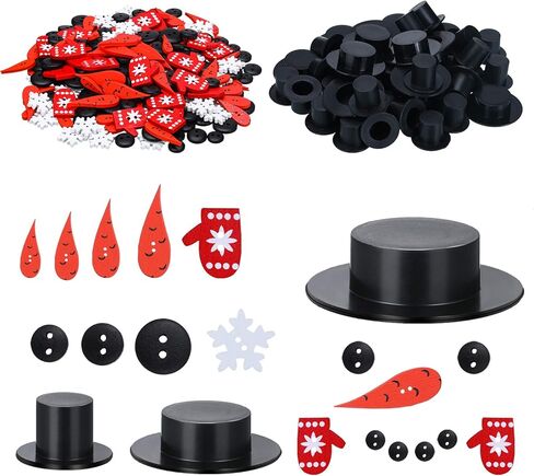 WILLBOND 450 Pieces Christmas Craft Buttons, Including Carrot Nose Buttons, Mini Plastic Black Top Hats, Tiny Black Buttons, Wood Glove Buttons, White Snowflake Snowman Ornament Kit in Saudi Arabia