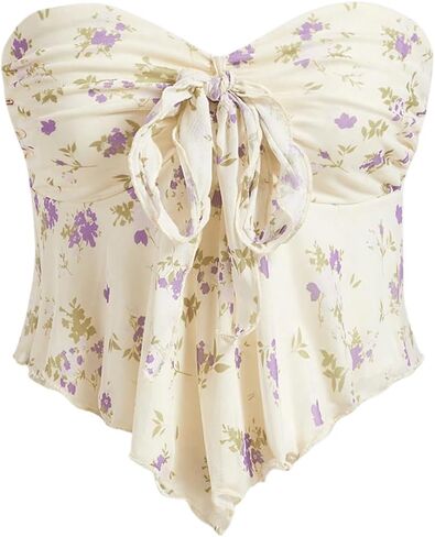 SHENHE Women's Floral Strapless Tie Front Lettuce Trim Asymmetrical Flare Boho Tube Top in Saudi Arabia
