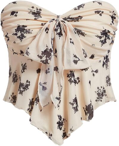 SHENHE Women's Floral Strapless Tie Front Lettuce Trim Asymmetrical Flare Boho Tube Top in Saudi Arabia
