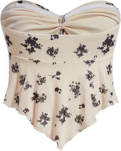 SHENHE Women's Floral Strapless Tie Front Lettuce Trim Asymmetrical Flare Boho Tube Top in Saudi Arabia
