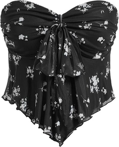 SHENHE Women's Floral Strapless Tie Front Lettuce Trim Asymmetrical Flare Boho Tube Top in Saudi Arabia