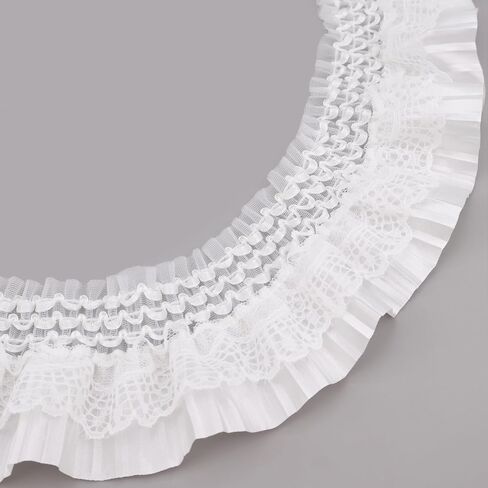 2 Yards Gorgeous Elastic Ruffle Trim 2-Layer Pleated Stretchy Edge Lace Ruffle Trim for Cuffs Skirt Halloween Garments 3-1/8" Wide (White) in Saudi Arabia