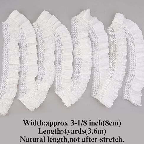 2 Yards Gorgeous Elastic Ruffle Trim 2-Layer Pleated Stretchy Edge Lace Ruffle Trim for Cuffs Skirt Halloween Garments 3-1/8" Wide (White) in Saudi Arabia