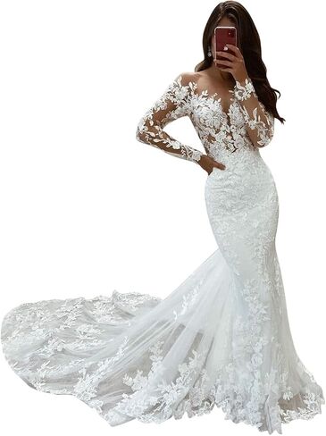 Mermaid Beach Wedding Dress White for Women with Long Sleeve Lace Bohe Wedding Gowns for Bride 2024 with Train US Size 4 in Saudi Arabia