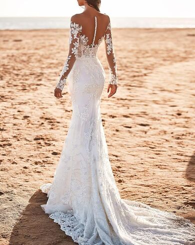 Mermaid Beach Wedding Dress White for Women with Long Sleeve Lace Bohe Wedding Gowns for Bride 2024 with Train US Size 4 in Saudi Arabia