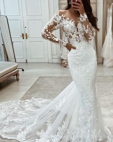 Mermaid Beach Wedding Dress White for Women with Long Sleeve Lace Bohe Wedding Gowns for Bride 2024 with Train US Size 4 in Saudi Arabia