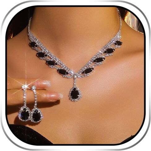 EARENT Rhinestone Bridal Wedding Jewelry Sets Black Crystal Sparkly Bride Necklace Earrings Set Prom Costume Necklaces for Women in Saudi Arabia
