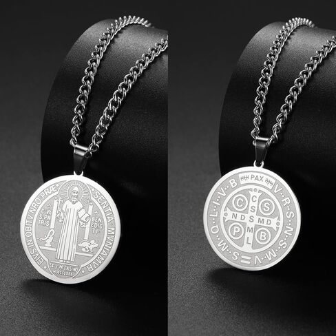 TEAMER Catholic Saint Benedict Seal Necklace Stainless Steel St. Benedict Pendant Jesus Cross Religious Amulet of Strength Peace Prayer Jewelry For Men Women in Kuwait