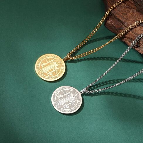 TEAMER Catholic Saint Benedict Seal Necklace Stainless Steel St. Benedict Pendant Jesus Cross Religious Amulet of Strength Peace Prayer Jewelry For Men Women in Kuwait