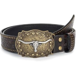 INOGIH Mens and Women Western Cowboy Belt,Vintage Longhorn-Bull-Head Western-Cowgirl-Embossed-Country Belt