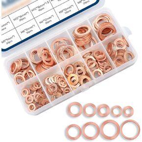 Ajxn 200 PCS Car Copper Flat Gasket Combination Set, M5 M6 M8 M10 M12 M14 9 Specification Multi-Function Fuel Seals, with Transparent Storage Box, Universal for Cars Repair Gasket Replacement (Gold)