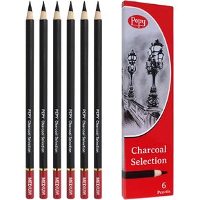 Pepy Professional Medium Charcoal Pencil Drawing Set – Set of 6 Pre-Sharpened Black Charcoal Pencils; Perfect for Drawing, Sketching, Blending and Shading