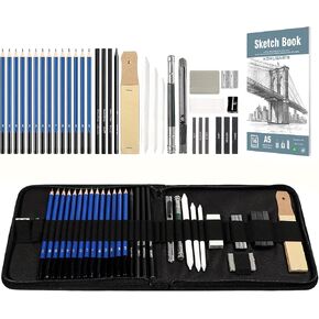 KOMLISATS 35 Pieces Pro Drawing Kit Sketching Pencils Set,Charcoal Pencils, Sketch Pencils, Charcoal Stick,Sharpener,Eraser.Art Supplies for Artists Beginner Adults Teens