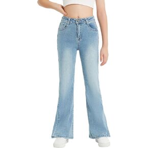EXARUS Girls Flare Jeans Bell Bottom Full Length/Ripped/Fleece Lined Denim Pants Kids Mid Rise Elastic Band with Pockets