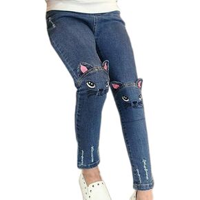 Big Girls Kids Distressed Ripped Hole Teens Jean Blue Cat Slim Denim Pants